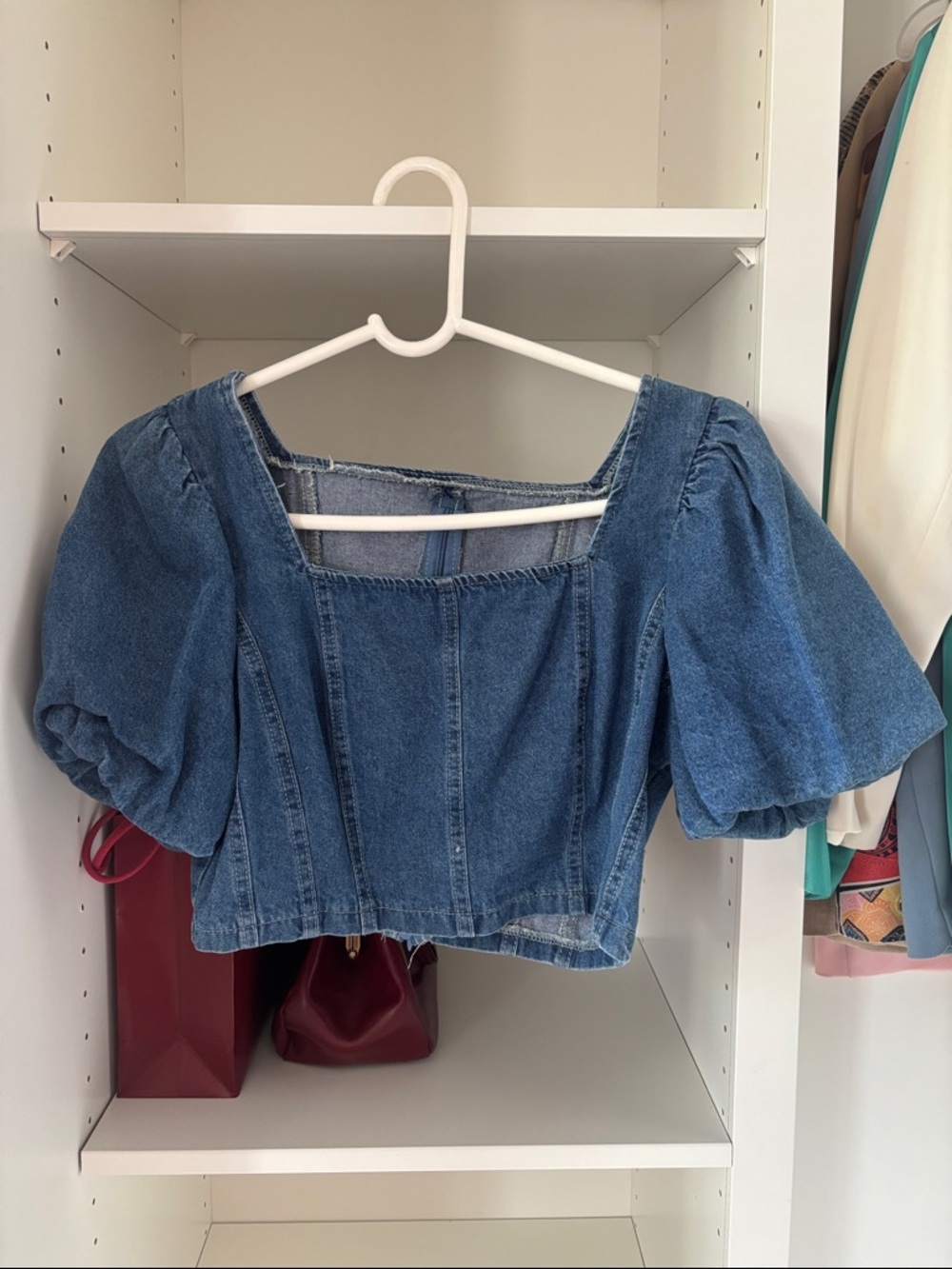 Denim Puff-Sleeve Crop Top - Blue